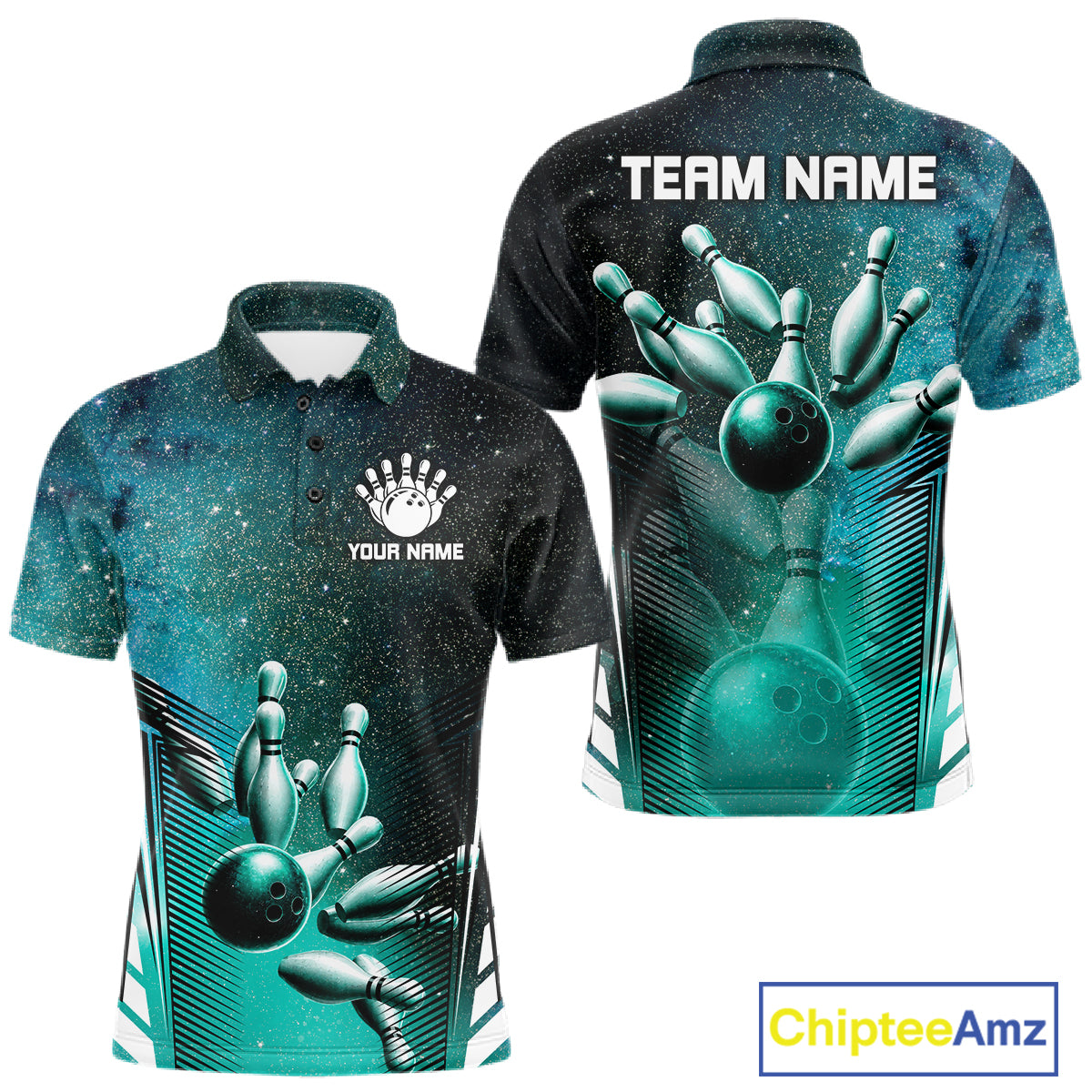 Turquoise Galaxy Bowling Ball Shirt For Men Custom Team Polo Quarter-Zip Bowling Jersey NYN3726