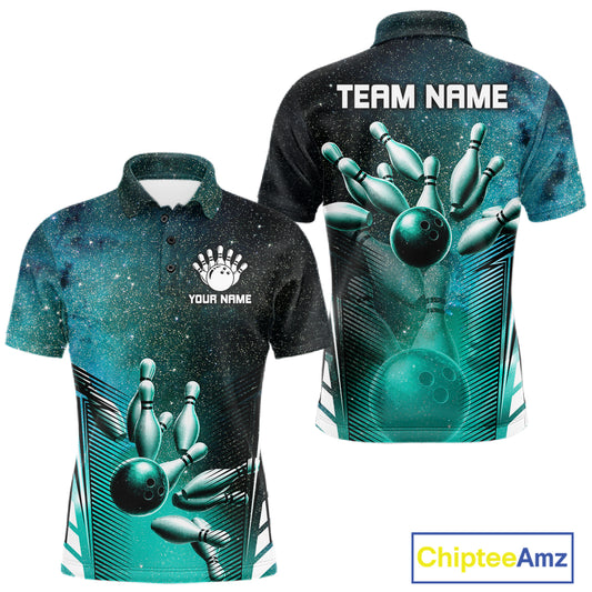 Turquoise Galaxy Bowling Ball Shirt For Men Custom Team Polo Quarter-Zip Bowling Jersey NYN3726