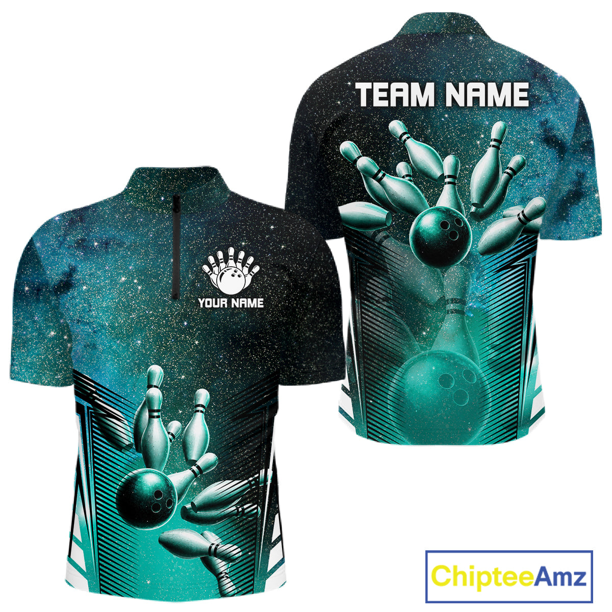 Turquoise Galaxy Bowling Ball Shirt For Men Custom Team Polo Quarter-Zip Bowling Jersey NYN3726