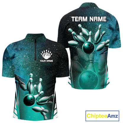 Turquoise Galaxy Bowling Ball Shirt For Men Custom Team Polo Quarter-Zip Bowling Jersey NYN3726