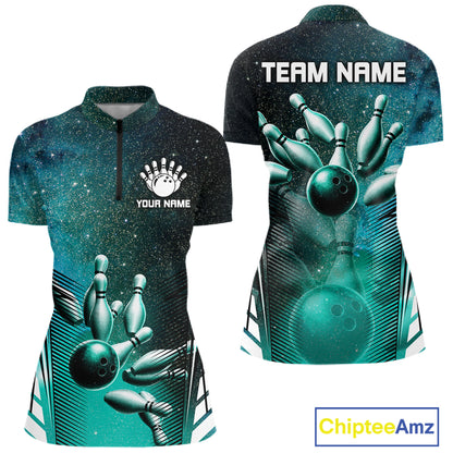 Turquoise Galaxy Bowling Ball Shirt For Women Custom Team Polo Quarter-Zip Bowling Jersey NYN3726