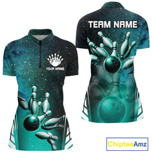 Load image into Gallery viewer, Turquoise Galaxy Bowling Ball Shirt For Women Custom Team Polo Quarter-Zip Bowling Jersey NYN3726