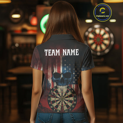 Custom Grunge US Flag Skull Dartboard Women Darts Polo Shirt Outfits Patriotic Dart Jerseys NYN1894