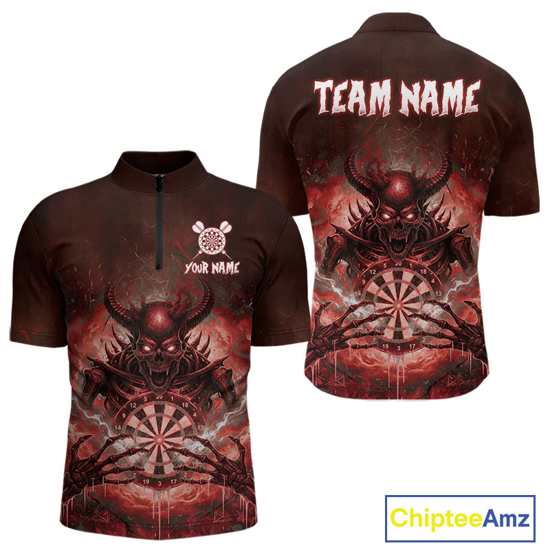 Custom Red Flames Skeleton Grunge Dartboard Men Darts Quarter-Zip Shirt Horror Dart Jerseys NYN1896