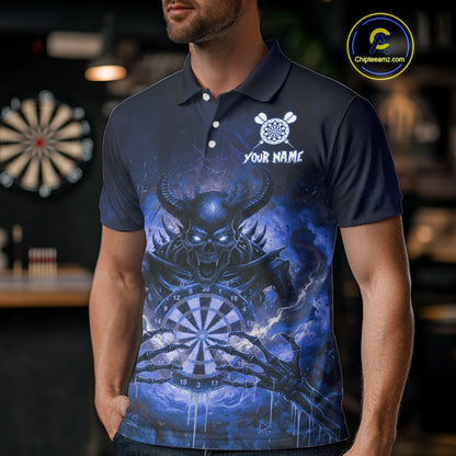 Custom Blue Flames Skeleton Grunge Dartboard Men Darts Polo Shirt Horror Dart Jerseys NYN1897