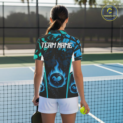 Custom Black Grunge Blue Flames Pickleball Ball Jerseys Women Pickleball Paddle Team Shirts NYN2160