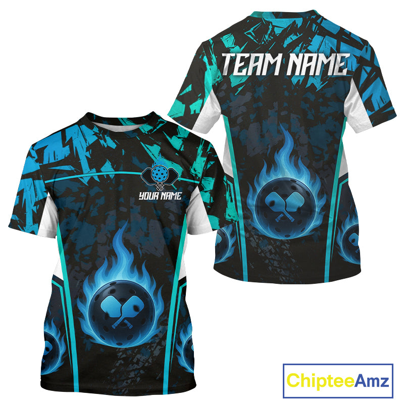 Custom Black Grunge Blue Flames Pickleball Ball Jerseys Men Pickleball Paddle Team Shirts NYN2160