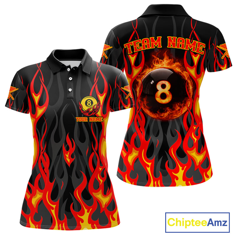 Fire Flame 8 Ball Pool Women Billiard Polo & 1/4-Zip Attire Custom Red Billiard Shirt Designs NYN2412