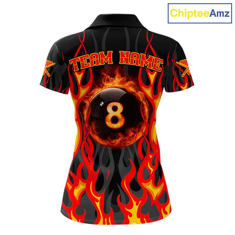Fire Flame 8 Ball Pool Women Billiard Polo & 1/4-Zip Attire Custom Red Billiard Shirt Designs NYN2412