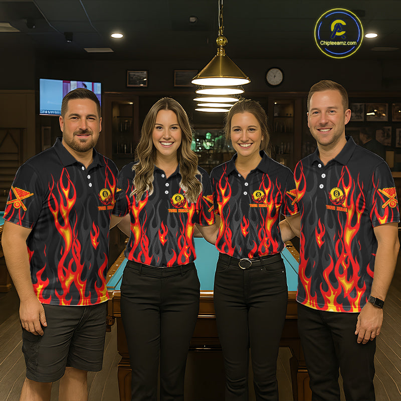 Fire Flame 8 Ball Pool Women Billiard Polo & 1/4-Zip Attire Custom Red Billiard Shirt Designs NYN2412