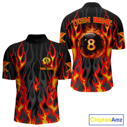 Fire Flame 8 Ball Pool Men Billiard Polo & 1/4-Zip Attire Custom Red Billiard Shirt Designs NYN2412