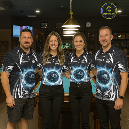 Lightning Blue 8 Ball Men Billiard Polo & 1/4-Zip Jersey Custom Tribal Pool Billiard Shirt NYN2415