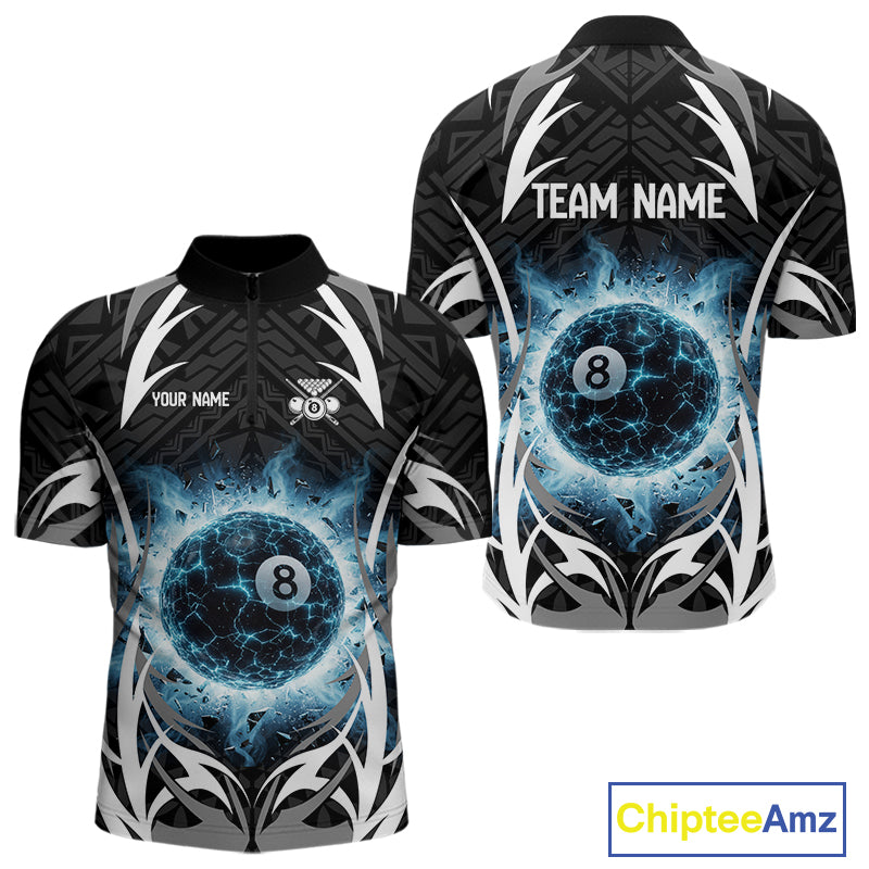 Lightning Blue 8 Ball Men Billiard Polo & 1/4-Zip Jersey Custom Tribal Pool Billiard Shirt NYN2415