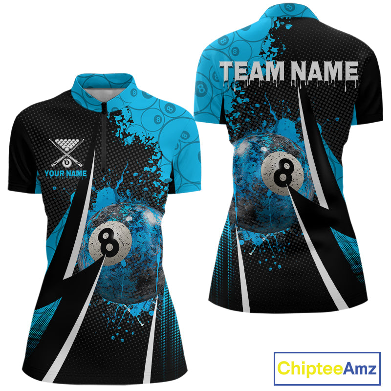 Blue Grunge 8 Ball Pool Team Shirt Personalized Women Billiard Polo & 1/4-Zip Attire Gifts NYN2419