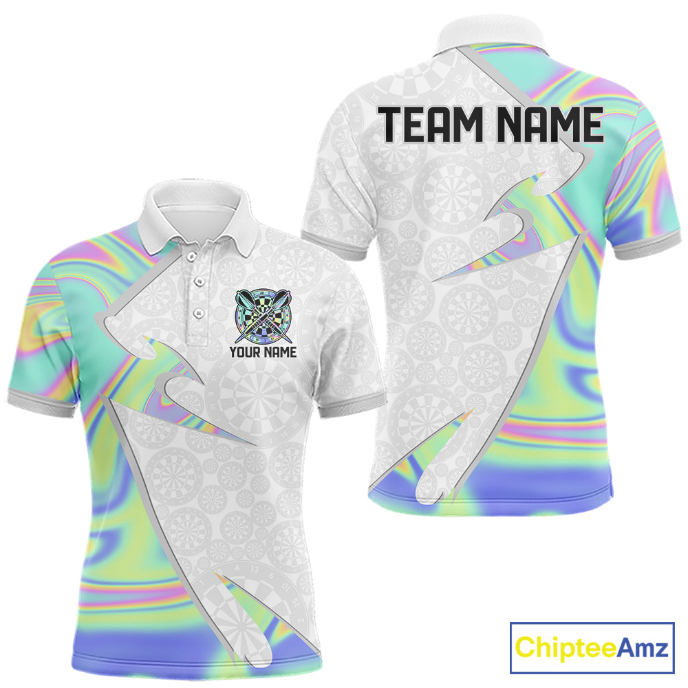 Personalized Green Blue Holographic Dartboard Pattern Men Darts Polo & 1/4-Zip Shirts Dart Team Jerseys NYN2812