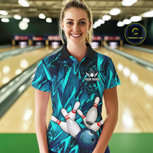 Load image into Gallery viewer, Strike Bowling Ball &amp; Pins Grunge Cyan Women Bowling Shirts Personalized Bowling Team Outfits NYN3189