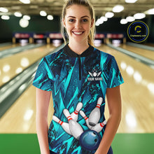 Load image into Gallery viewer, Strike Bowling Ball &amp; Pins Grunge Cyan Women Bowling Shirts Personalized Bowling Team Outfits NYN3189