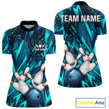 Load image into Gallery viewer, Strike Bowling Ball &amp; Pins Grunge Cyan Women Bowling Shirts Personalized Bowling Team Outfits NYN3189