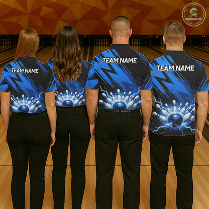 Mens Thunder Lightning Bowling Polo 1/4-Zip Shirts Custom Blue Stripes Team Bowling Jerseys NYN3455