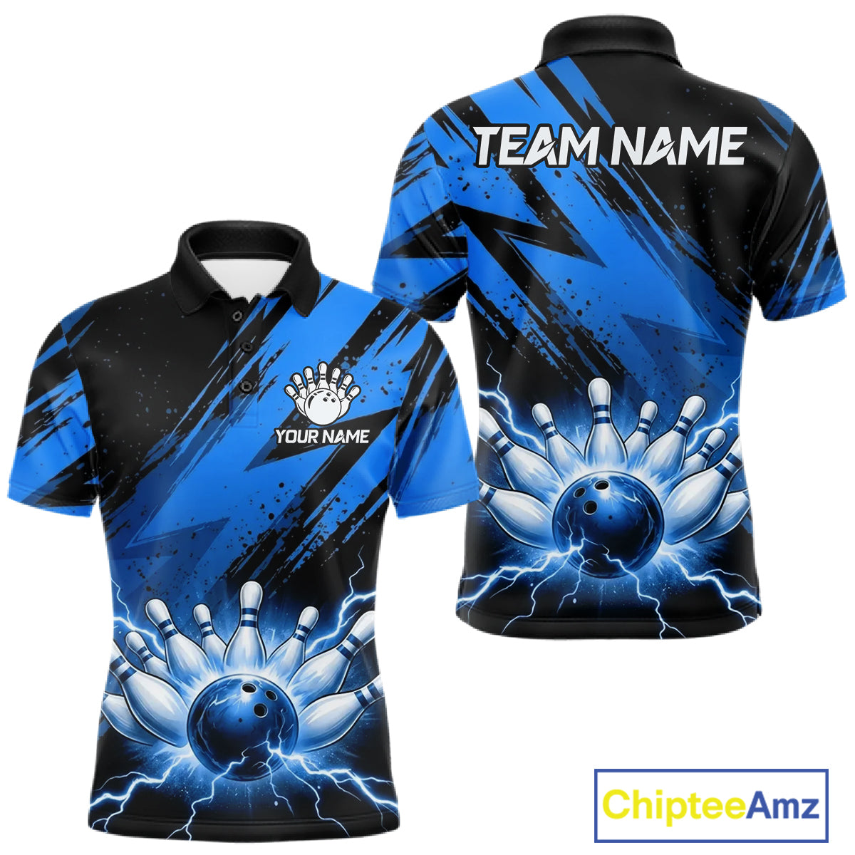 Thunder lightning bowling polo quarter zip shirt for men blue stripes bowling jersey