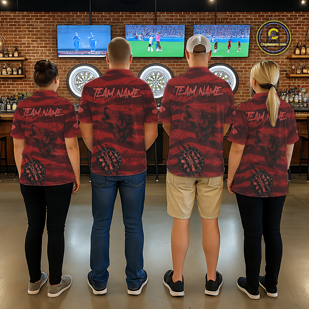 Custom Red Grunge Wolf Torn Dartboard Women Darts Polo Shirt Wolf Dart League Jerseys NYN2166