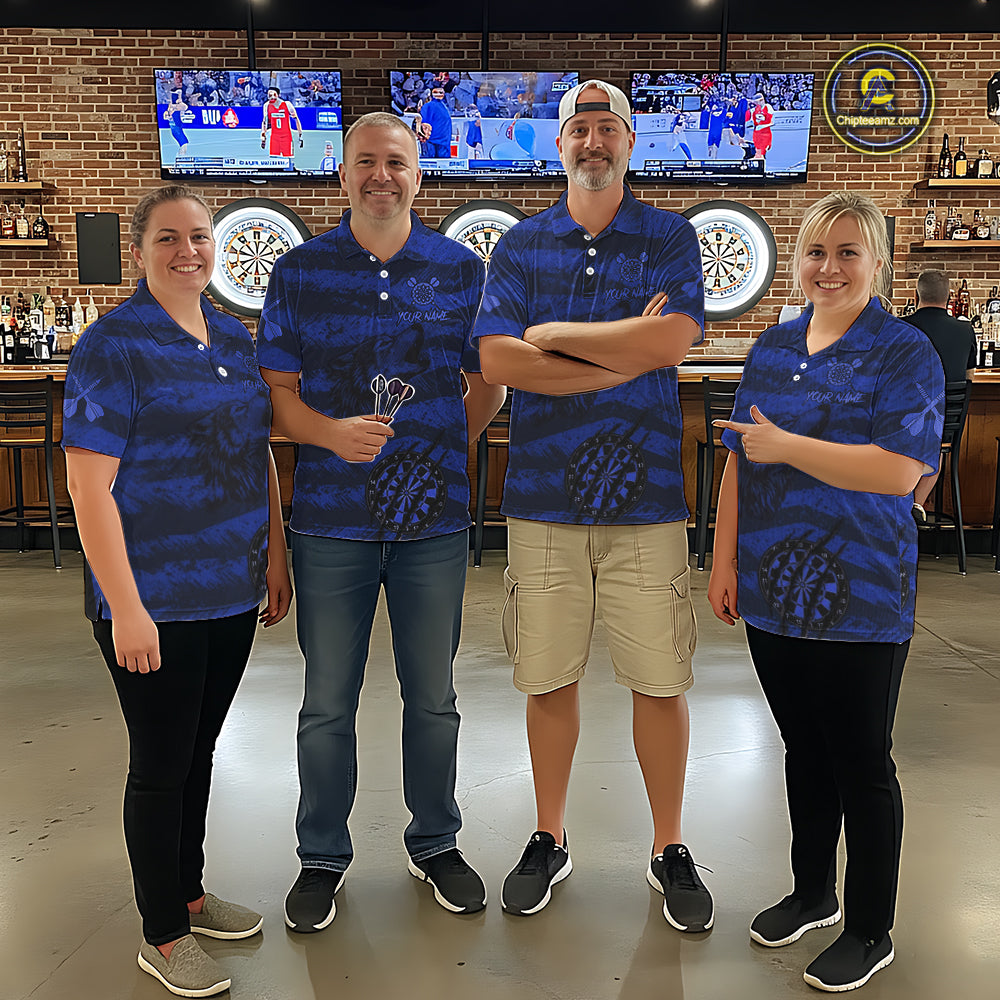 Custom Blue Grunge Wolf Torn Dartboard Men Darts Quarter-Zip Shirt Wolf Dart League Jerseys NYN2168