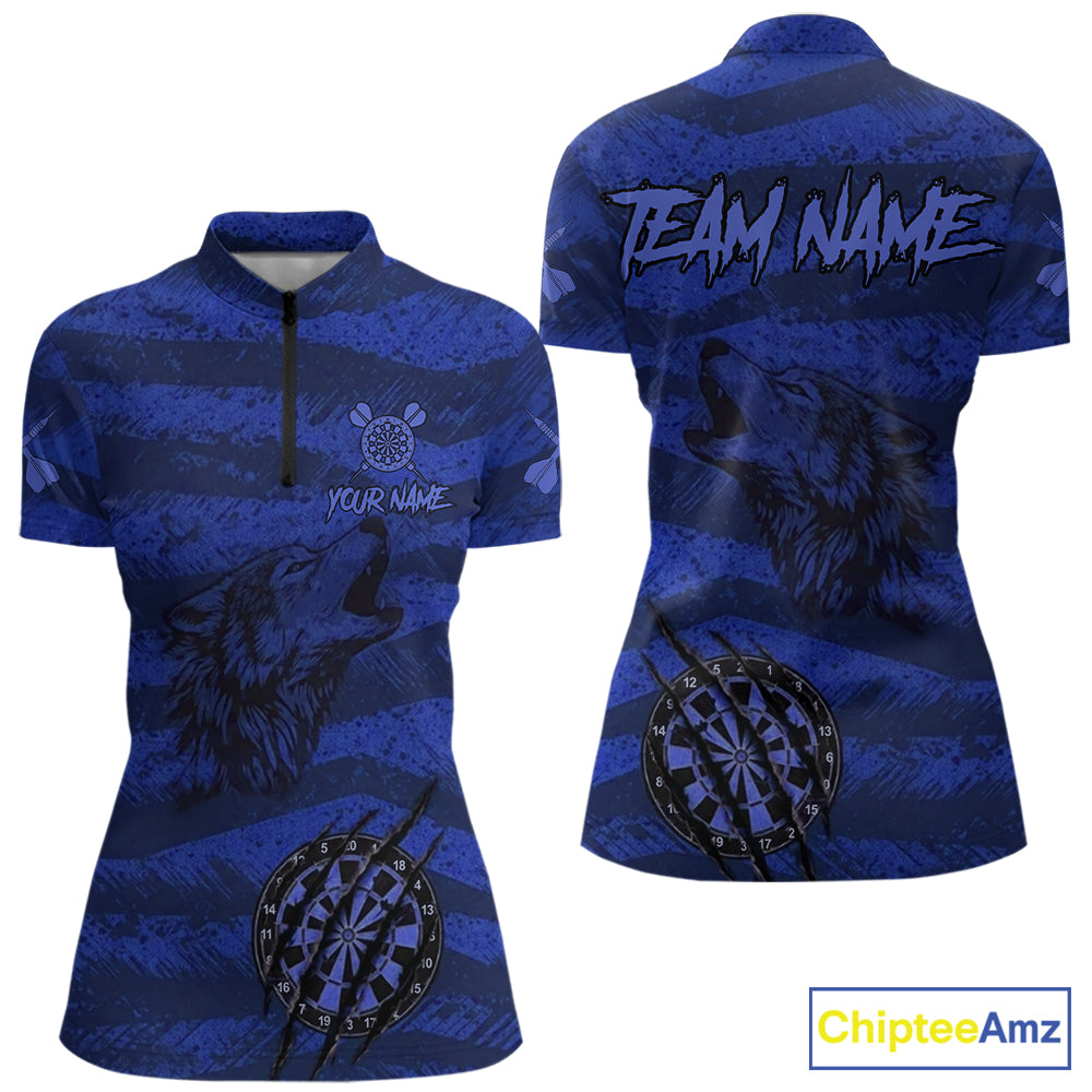 Custom Blue Grunge Wolf Torn Dartboard Women Darts Quarter-Zip Shirt Wolf Dart League Jerseys NYN2168