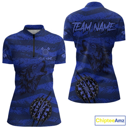 Custom Blue Grunge Wolf Torn Dartboard Women Darts Quarter-Zip Shirt Wolf Dart League Jerseys NYN2168