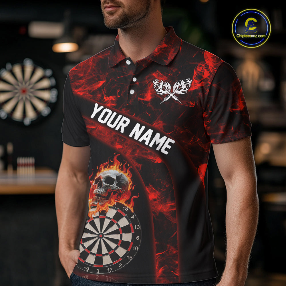 Custom Black & Red Flaming Skull Darts Polo Shirt For Men Skull Dart League Jerseys NYN2169