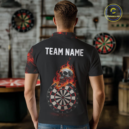 Custom Black & Red Flaming Skull Darts Polo Shirt For Men Skull Dart League Jerseys NYN2169