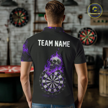 Custom Black & Purple Flaming Skull Darts Polo Shirt For Men Skull Dart League Jerseys NYN2170