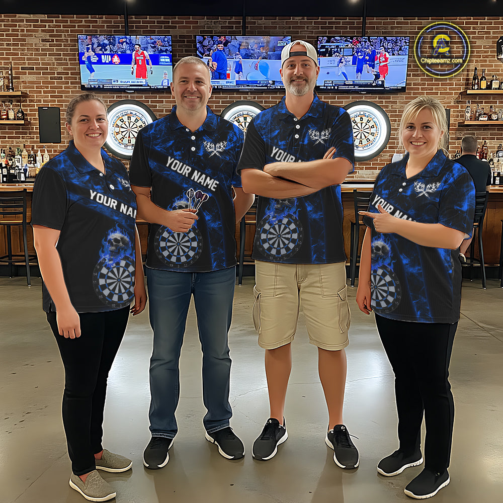 Custom Black & Blue Flaming Skull Darts Polo Shirt For Women Skull Dart League Jerseys NYN2171