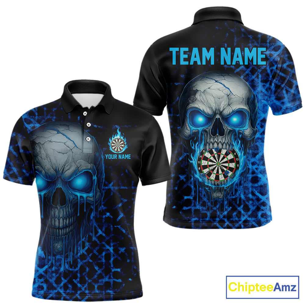 Custom Blue Dripping Skull Darts Polo Shirt For Men Fire Flame Skull Dart League Jerseys NYN2173