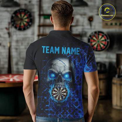 Custom Blue Dripping Skull Darts Polo Shirt For Men Fire Flame Skull Dart League Jerseys NYN2173