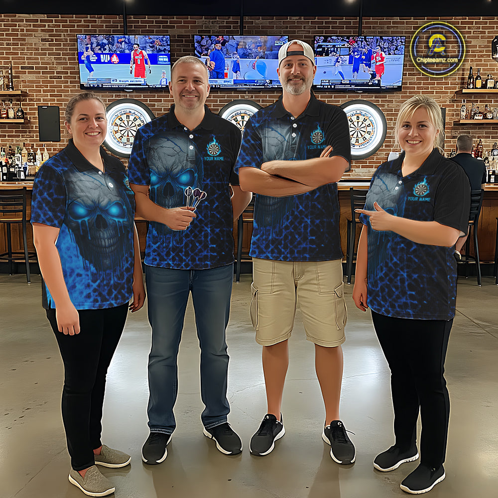Custom Blue Dripping Skull Darts Polo Shirt For Men Fire Flame Skull Dart League Jerseys NYN2173