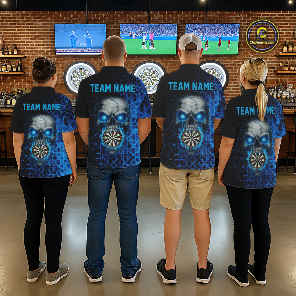 Custom Blue Dripping Skull Darts Polo Shirt For Men Fire Flame Skull Dart League Jerseys NYN2173