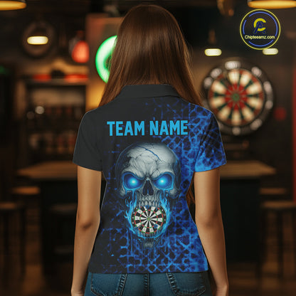 Custom Blue Dripping Skull Darts Polo Shirt For Women Fire Flame Skull Dart League Jerseys NYN2173