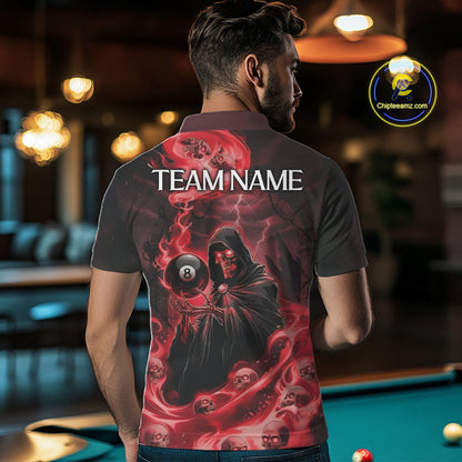 Grim Reaper Red Flames 8 Ball Pool Men Polo & 1/4-Zip Shirt Personalized Skull Billiard Gifts NYN2433