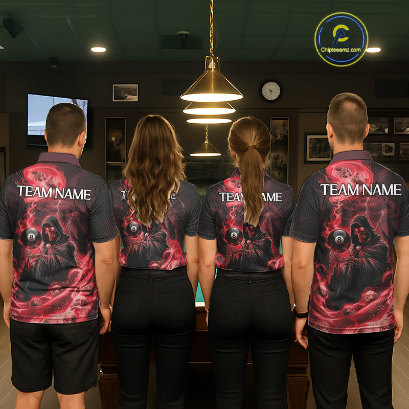 Grim Reaper Red Flames 8 Ball Pool Men Polo & 1/4-Zip Shirt Personalized Skull Billiard Gifts NYN2433