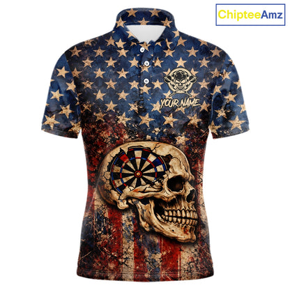 US Flag Retro Cracked Skull Dartboard Men Darts Polo Shirt Custom Patriotic Vintage Dart Shirt NYN2660