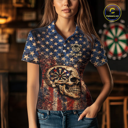 US Flag Retro Cracked Skull Dartboard Women Darts Polo Shirt Custom Patriotic Vintage Dart Shirt NYN2660