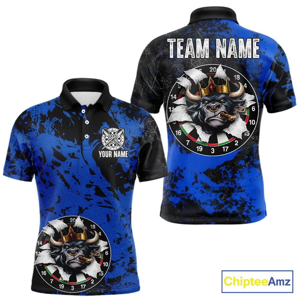 Personalized Black & Grunge Crown Blue Funny Bull Cracked Darts Shirts For Men Dart Team Jerseys NYN2817