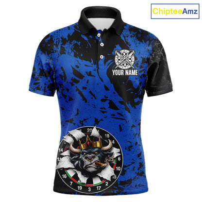 Personalized Black & Grunge Crown Blue Funny Bull Cracked Darts Shirts For Men Dart Team Jerseys NYN2817