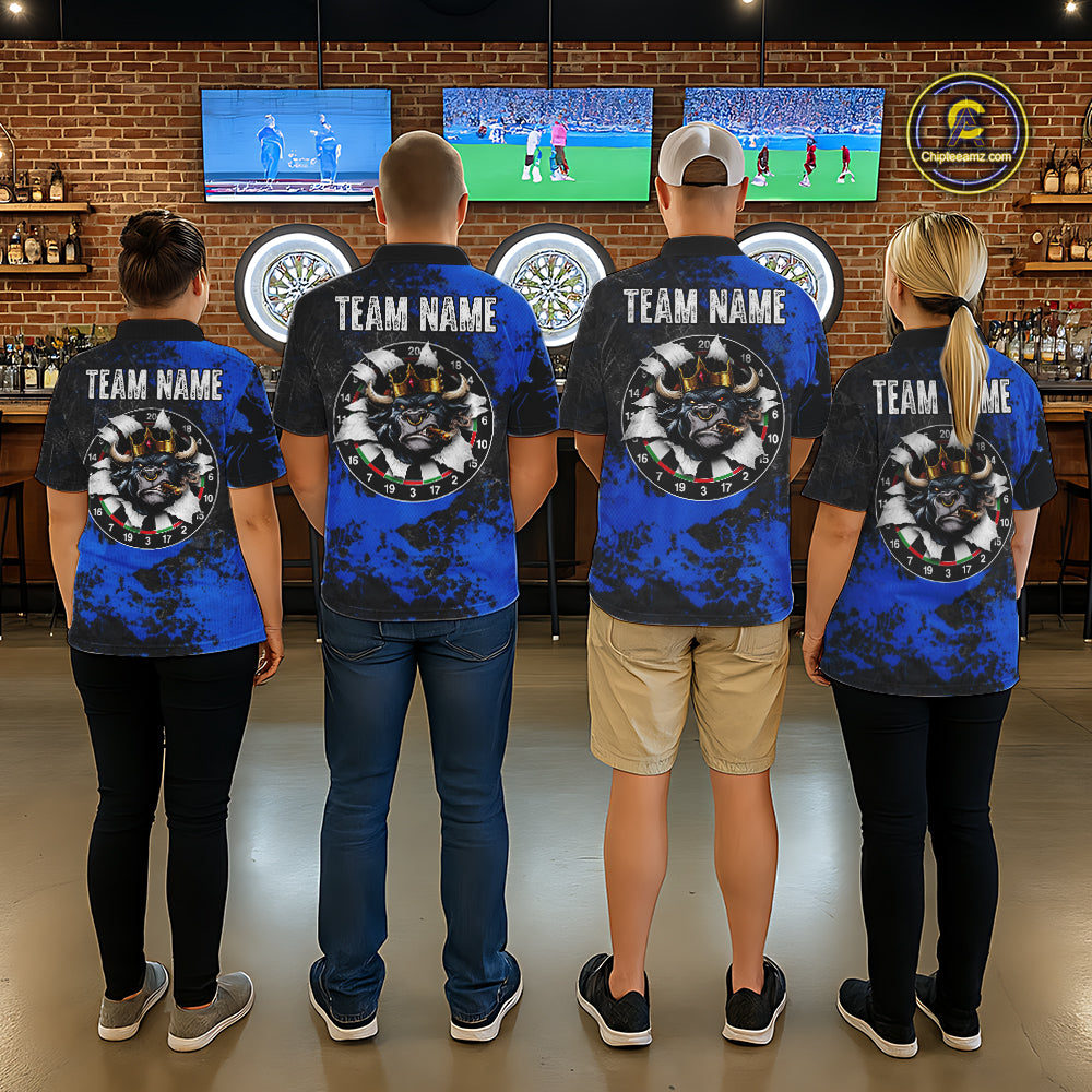 Personalized Black & Grunge Crown Blue Funny Bull Cracked Darts Shirts For Men Dart Team Jerseys NYN2817