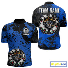 Load image into Gallery viewer, Personalized Black &amp; Grunge Crown Blue Funny Bull Cracked Darts Shirts For Men Dart Team Jerseys NYN2817