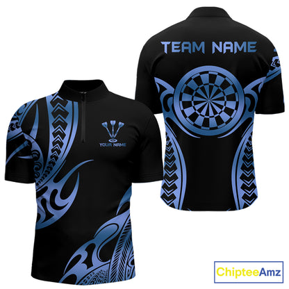 Custom Black & Light Blue Dartboard & Arrow Darts Polo & 1/4-Zip Shirts For Men Dart Team Jerseys NYN2820
