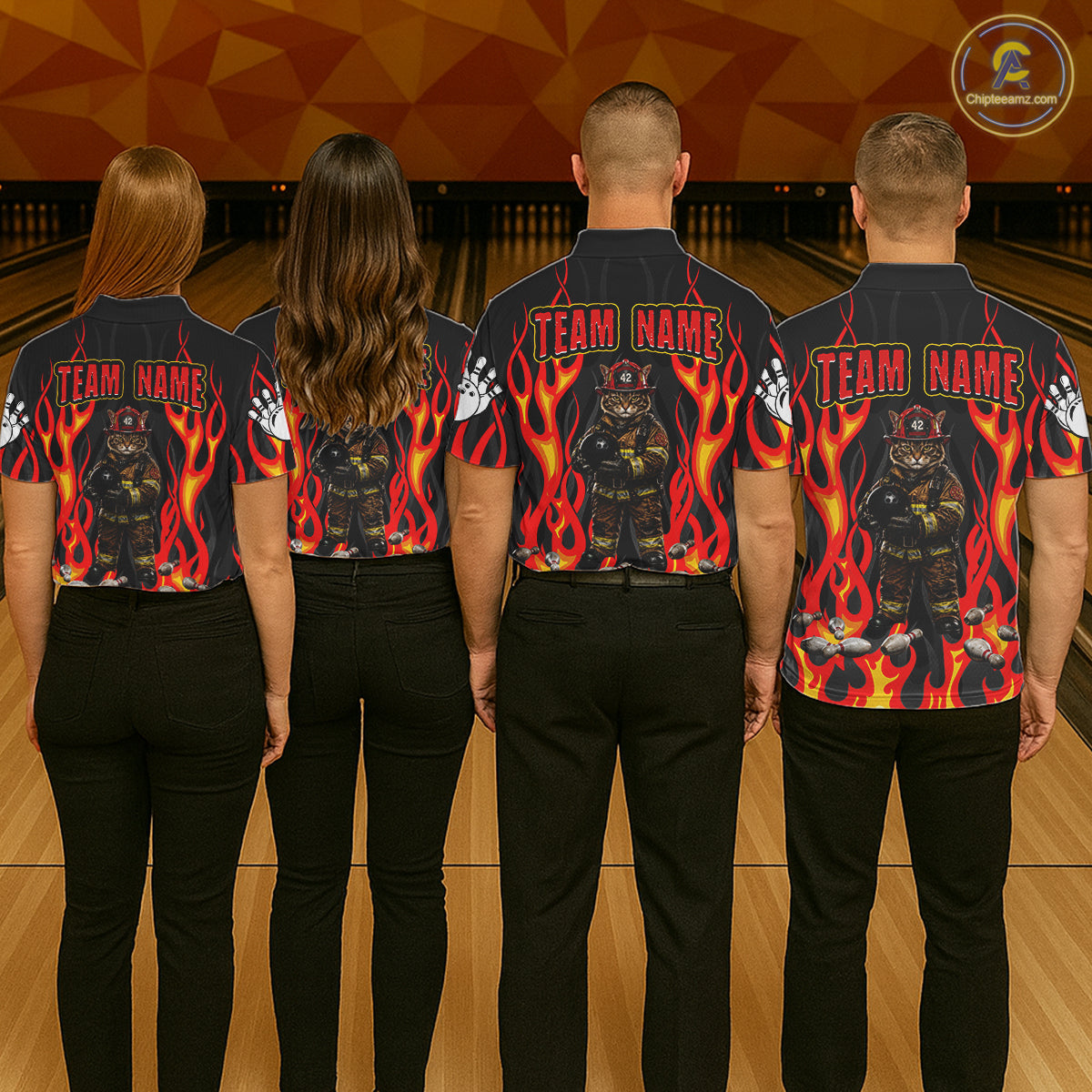 Personalized Funny Cat Firefighter Fire Flame Women Bowling Shirt Custom Team Shirts For Bowlers NYN3191