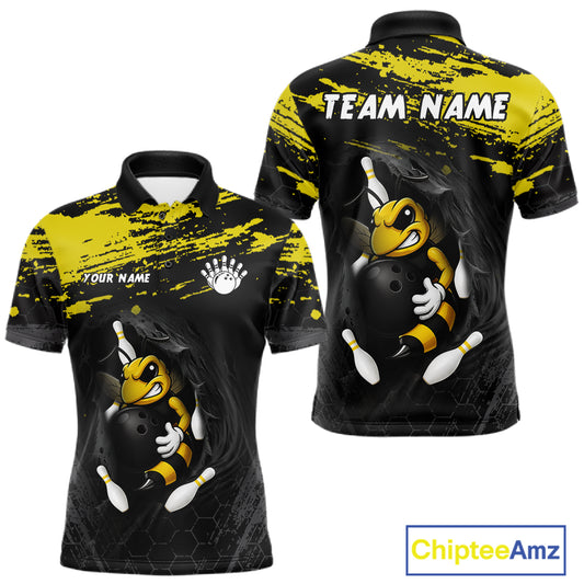 Custom Angry Bee Bowling Shirt Funny Bowling Team League Yellow Grunge Bowling Jersey For Men  NYN3193