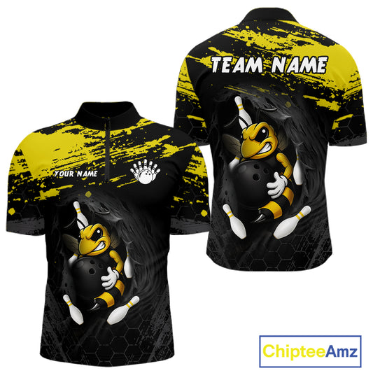 Custom Angry Bee Bowling Shirt Funny Bowling Team League Yellow Grunge Bowling Jersey For Men  NYN3193