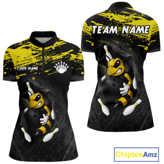 Custom Angry Bee Bowling Shirt Funny Bowling Team League Yellow Grunge Bowling Jersey For Women NYN3193